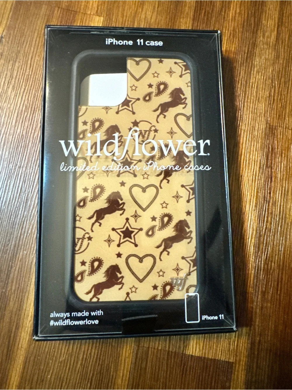 Wildflower iPhone 11 Case in Tan with Brown Horse & Heart Print